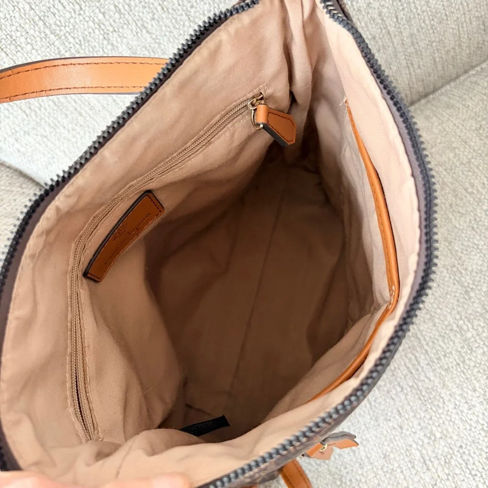 Nanette Lepore Convertible‎ Backpack Crossbody Large Brown Monogram Tan Trim Bag